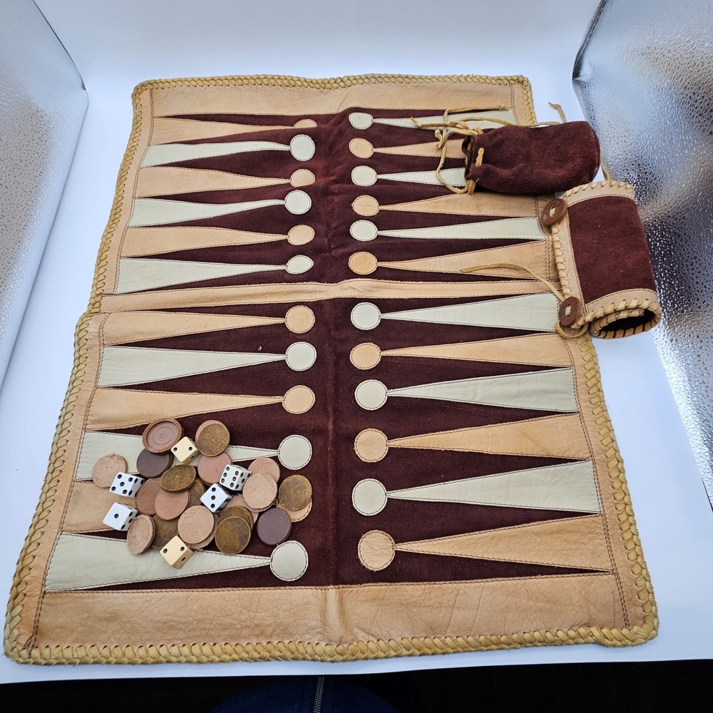 Vintage Handmade Leather Rollup Backgammon Game Set Travel Gift Unique!